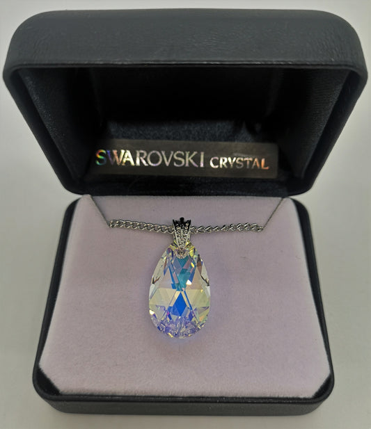 Swarovski crystal teardrop shaped white stone pendant and 18" chain