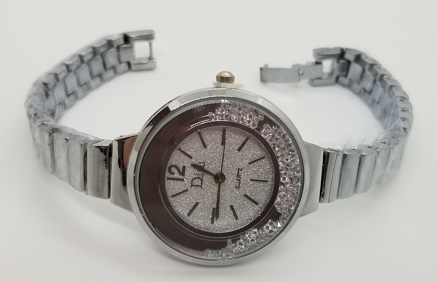 Silver base metal fashion watch with rhinestones in bezel